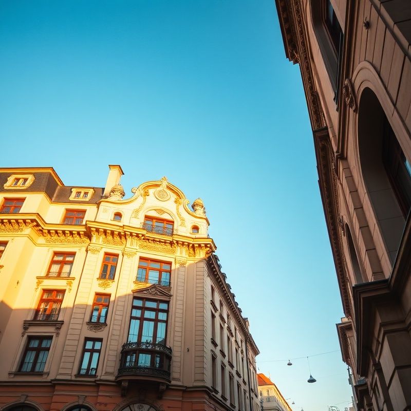 Fațadă istorică din Oradea, cu detalii Art Nouveau, în lumină caldă de după-amiază