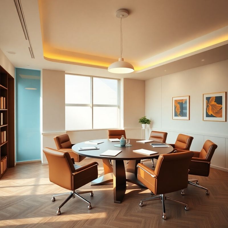 Interior de consultanță în tonuri azurii și crem, cu masă rotundă și lumină caldă